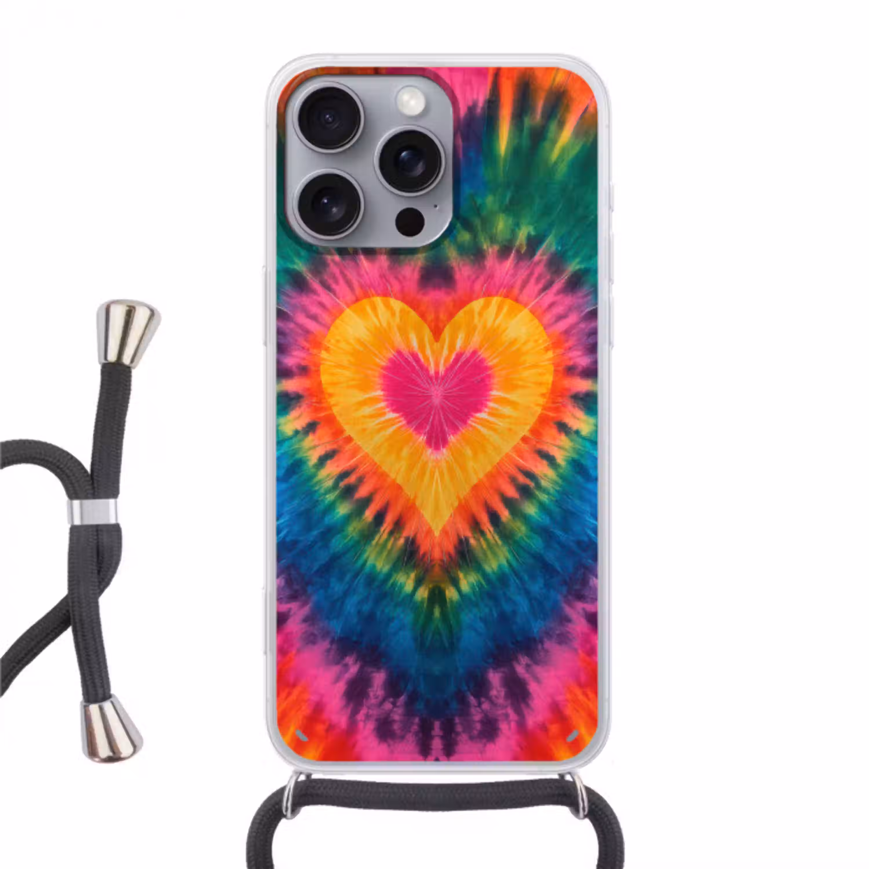 Hart - Tie Dye - Kleurrijk Hoesje iPhone 16 Pro Max met koord klein -3d