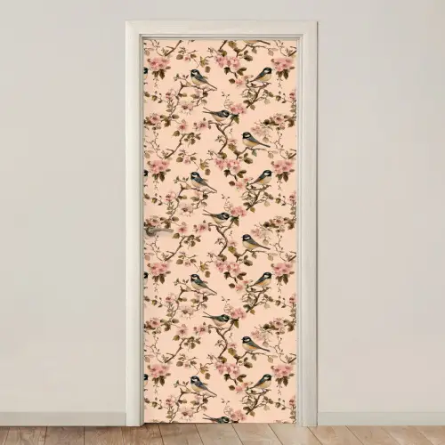 Bloesem - Koolmees - Roze deurposter klein 289 -3d_beige