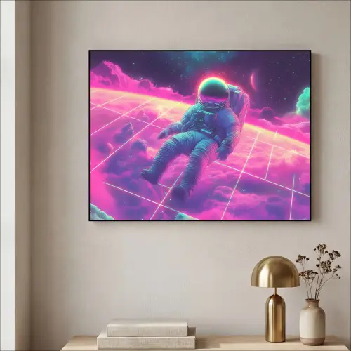Astronaut - Neon - Roze - Wolken Textielframe zwart klein -sfeer2