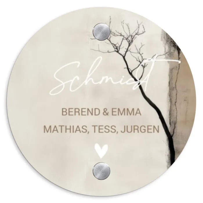 Boomsilhouet beige achtergrond - Sierlijk Naambord Rond klein -3d