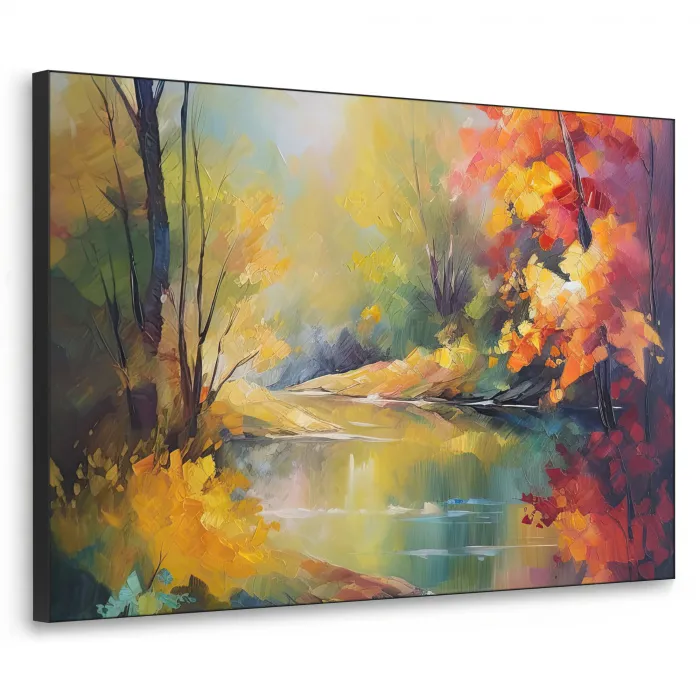Landschap - Olieverf - Rivier - Kleurrijk Textielframe zwart klein -3d