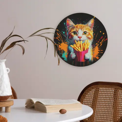 Kat - Eten - Patat - Graffiti - Abstract Akoestische PET Vilt - Rond klein -sfeer3