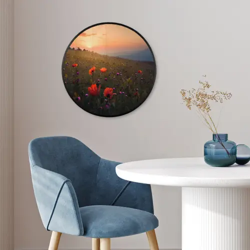 Bloemenveld - Gras - Bloemen - Planten - Zonsondergang - Oranje Fotolijst rond zonder passe partout klein -sfeer2