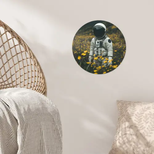 Astronaut - Bloemen - Veld - Geel Wandcirkel behangsticker klein -sfeer4