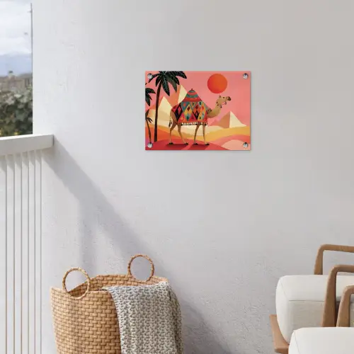 Kameel - Pyramides - Rode zon tuinposter los doek klein -sfeer8