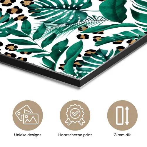 Inductie beschermer - Panterprint - Bladeren - Jungle - Afdekplaat voor kookplaat aluminium wit klein -closeup_NL
