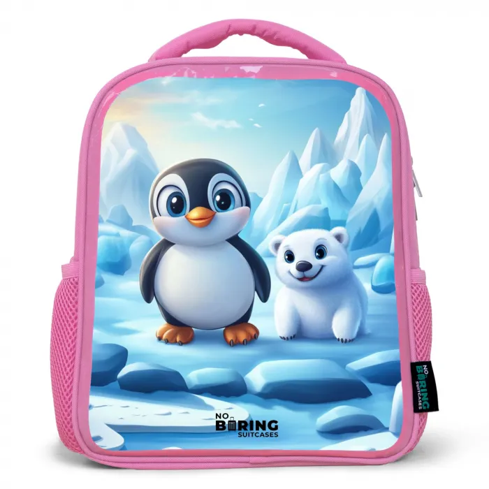 Pinguïn en ijsbeertje op ijsschotsen Kinderrugzak - Roze middel -3d