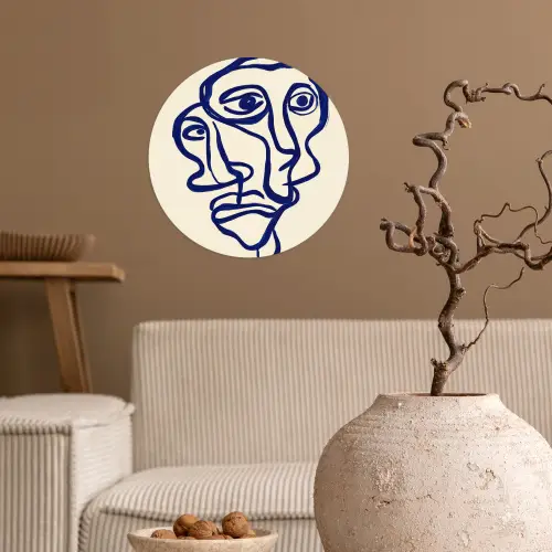 Lijntekening - Overlappende gezichten - Donkerblauw Wandcirkel behangsticker klein -sfeer1