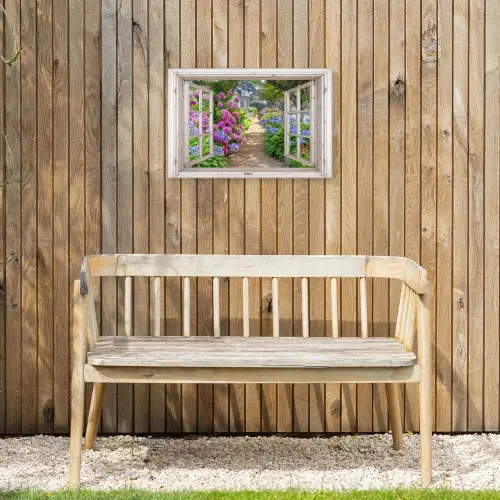 Hortensia - Doorkijk - Bloemen - Zomer - Paars - Pad Tuinposter op houten frame 2 cm dik klein -sfeer4