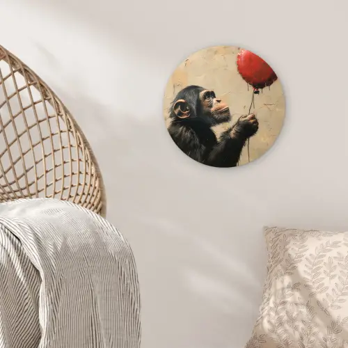 Street art - Chimpansee - Ballon - Graffiti - Banksy Wandcirkel kunststof plaat 5mm dik klein -sfeer5