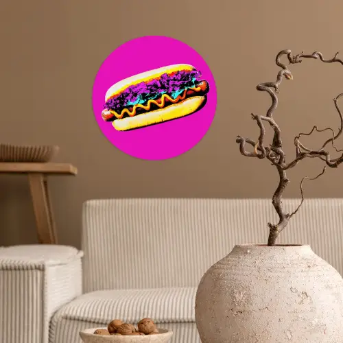 Hotdog - Roze - Retro Wandcirkel behangsticker klein -sfeer1