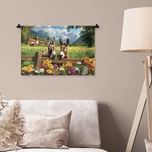 Ezels - Bloemen - Zomers Wandkleed katoen klein -sfeer4