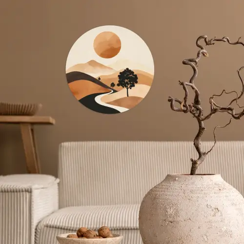 Zon - Heuvels - Boom - Abstract Wandcirkel behangsticker klein -sfeer1