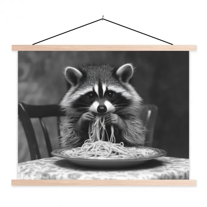 Wasbeer - Cute - Pasta - Tafelkleed - Zwart - Wit textielposter latten blank klein -3d
