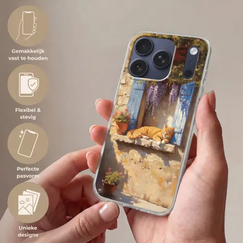 Kat - Stenen vensterbank - Bloemen Telefoonhoesje iPhone 17 Pro klein -sfeer3_NL