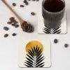 Zwart palmblad - Gouden cirkel - Beige achtergrond onderzetter kurk middel -sfeer2