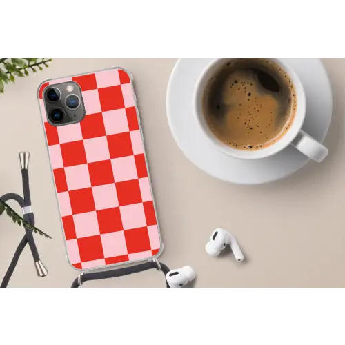 Schaakbord patroon - Rood - Roze - Blokjes Hoesje iPhone 12 Pro met koord klein -oordop