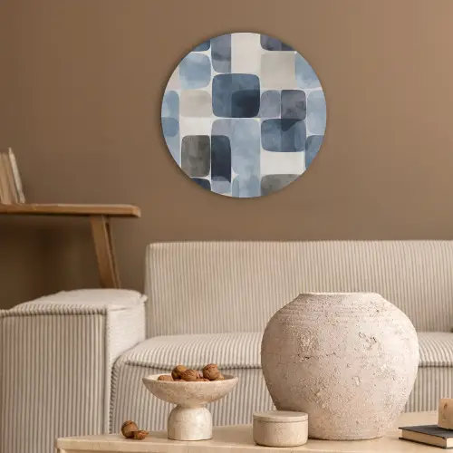 Patroon - Blauw - Vierkanten Akoestische PET Vilt - Rond klein -sfeer1