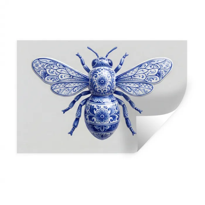 Bij - Modern - Delfts - Blauw Muursticker klein -3d