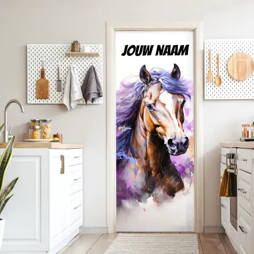 Paard met kleurrijke manen en naamtekst deurposter klein -sfeer5