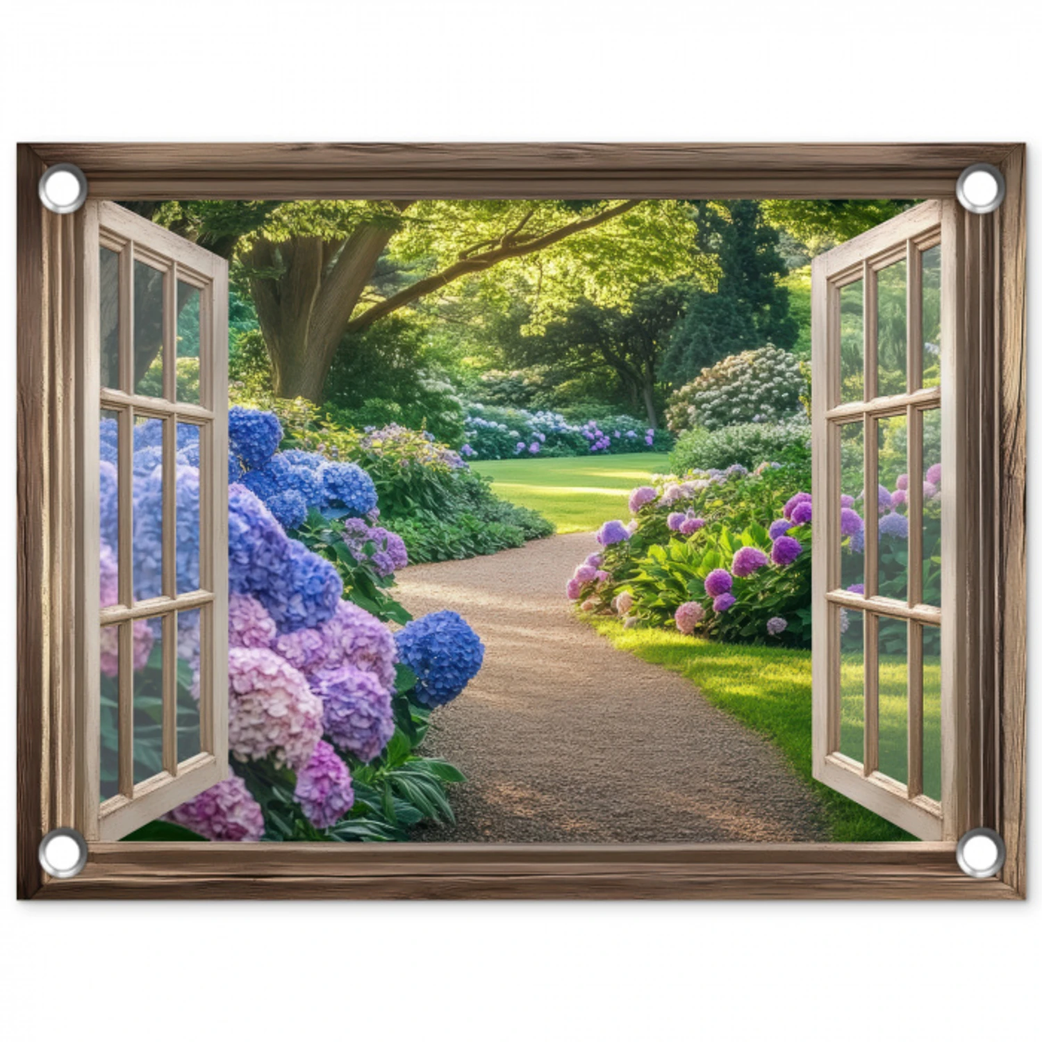 Doorkijk - Tuin - Raam - Hortensia - Bloemen tuinposter los doek klein -3d