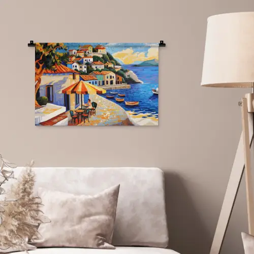 Kustdorp - Huisjes - Mozaïek - Zee Wandkleed katoen klein -sfeer4