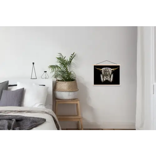 Schotse hooglander - Goud - Hoorns - Zwart wit - Koe - Dieren textielposter latten blank klein -woonkamer