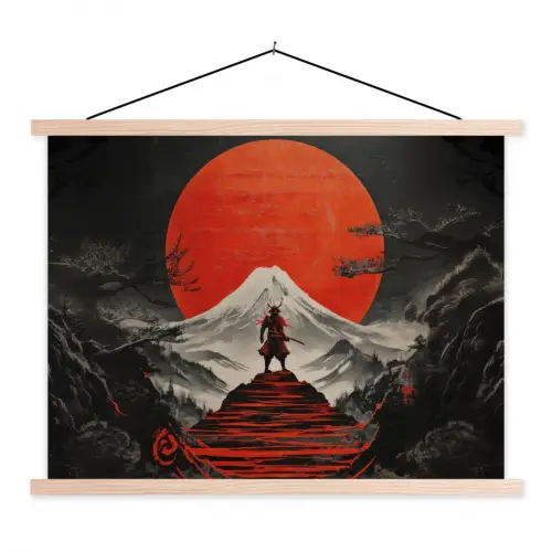 Krijger - Rode trappen - Zon - Berg textielposter latten blank klein -3d