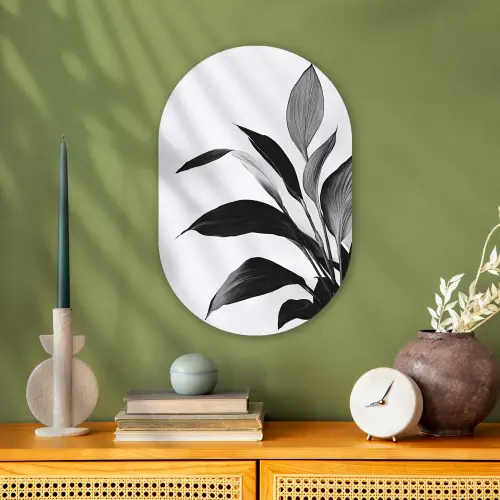 Plant - Bladeren - Minimalistisch - Zwart Wandcirkel Ovaal Forex klein -sfeer2