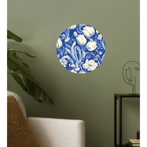 Bloemen - Delfts Blauw - Patroon - Tulp Wandcirkel behangsticker klein -sfeer2