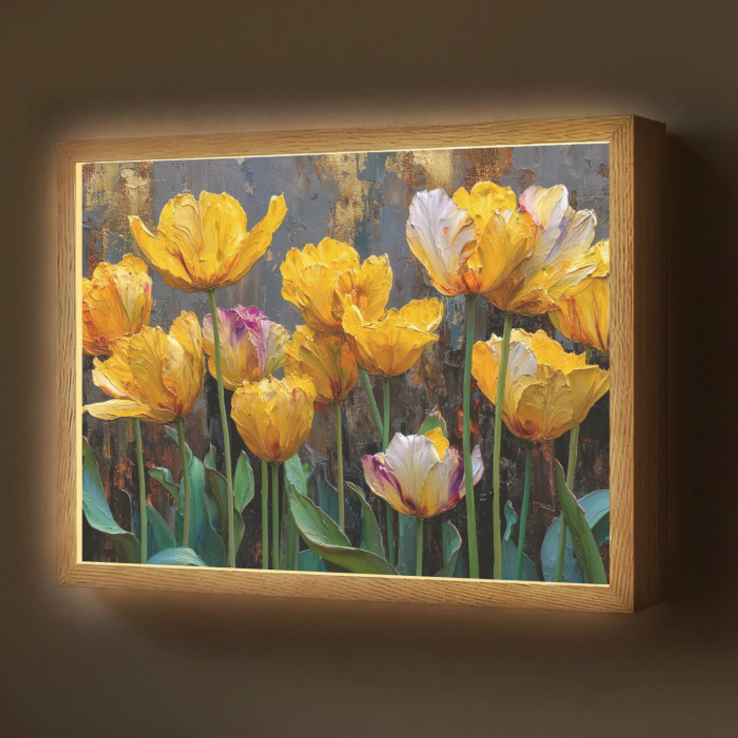 Tulpen - Geel - Penseelstreken - Abstract Light Box met batterij (Wandlamp) middel -z3d_website