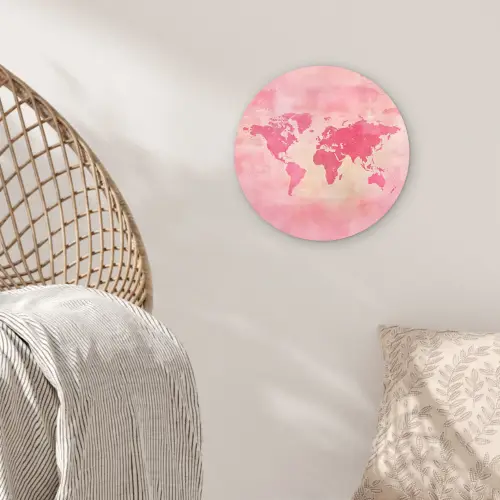 Wereldkaart - Roze - Vaag Wandcirkel kunststof plaat 5mm dik klein -sfeer5