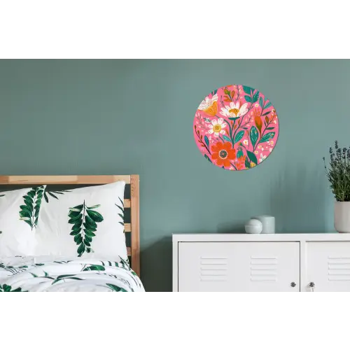 Roze - Bloemen - Wit - Oranje Wandcirkel aluminium klein -slaapkamer