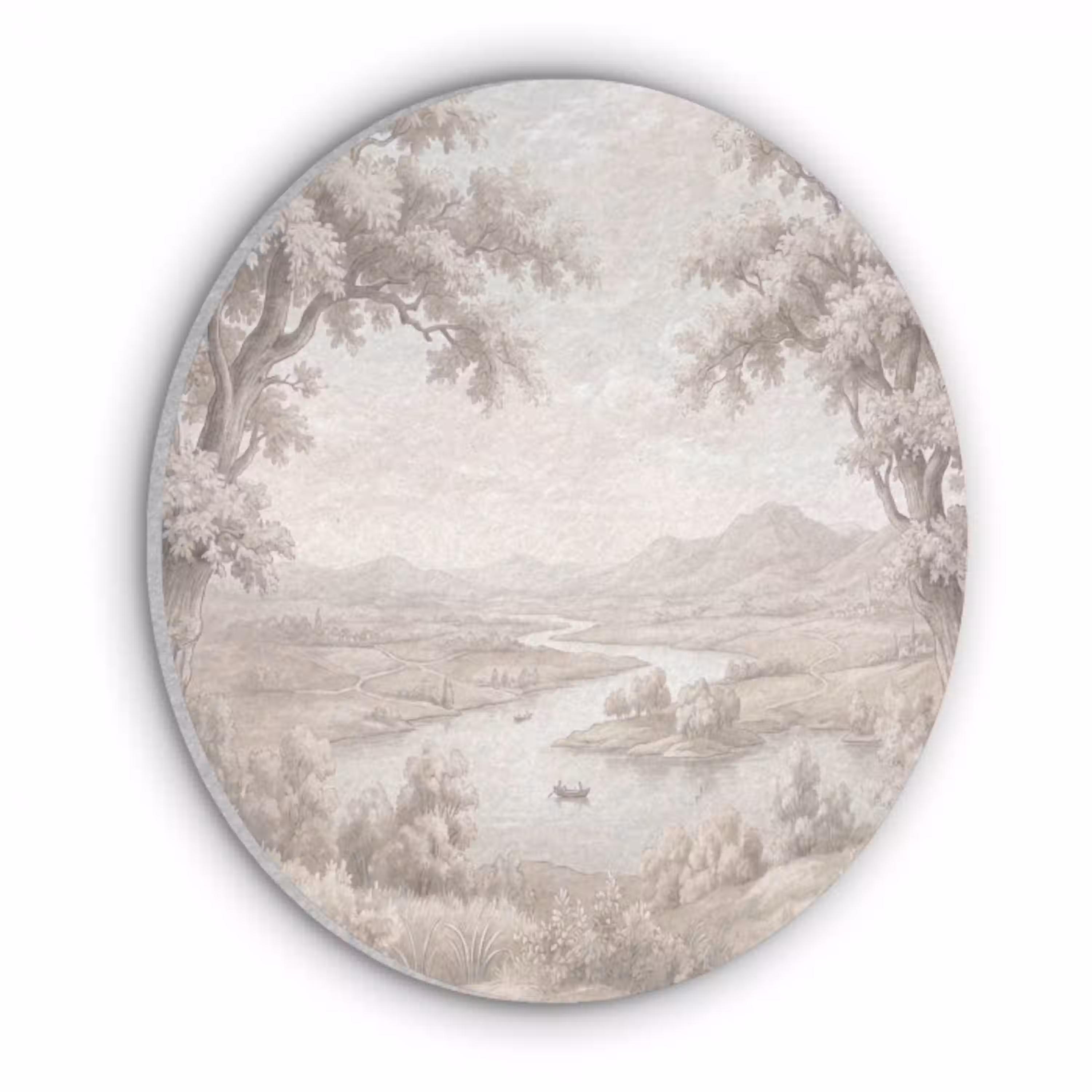 Rivierlandschap - Bergen - Natuur - Vintage - Beige Akoestische PET Vilt - Rond klein -3d
