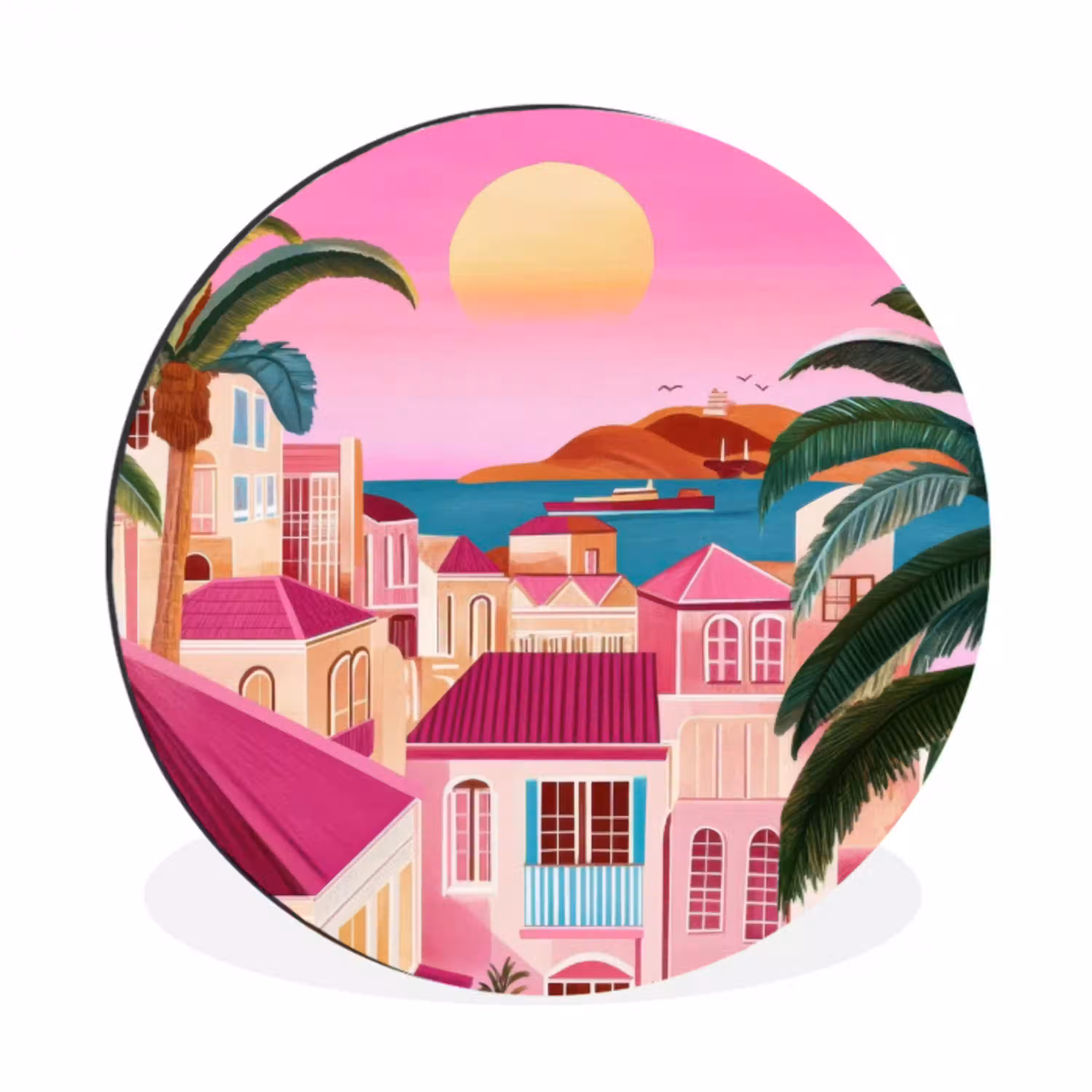 Stad - Roze - Palmbomen Wandcirkel aluminium klein -3d