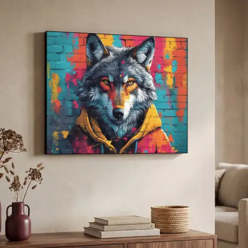 Graffiti - Wolf - Street art - Blauw Textielframe zwart klein -sfeer3