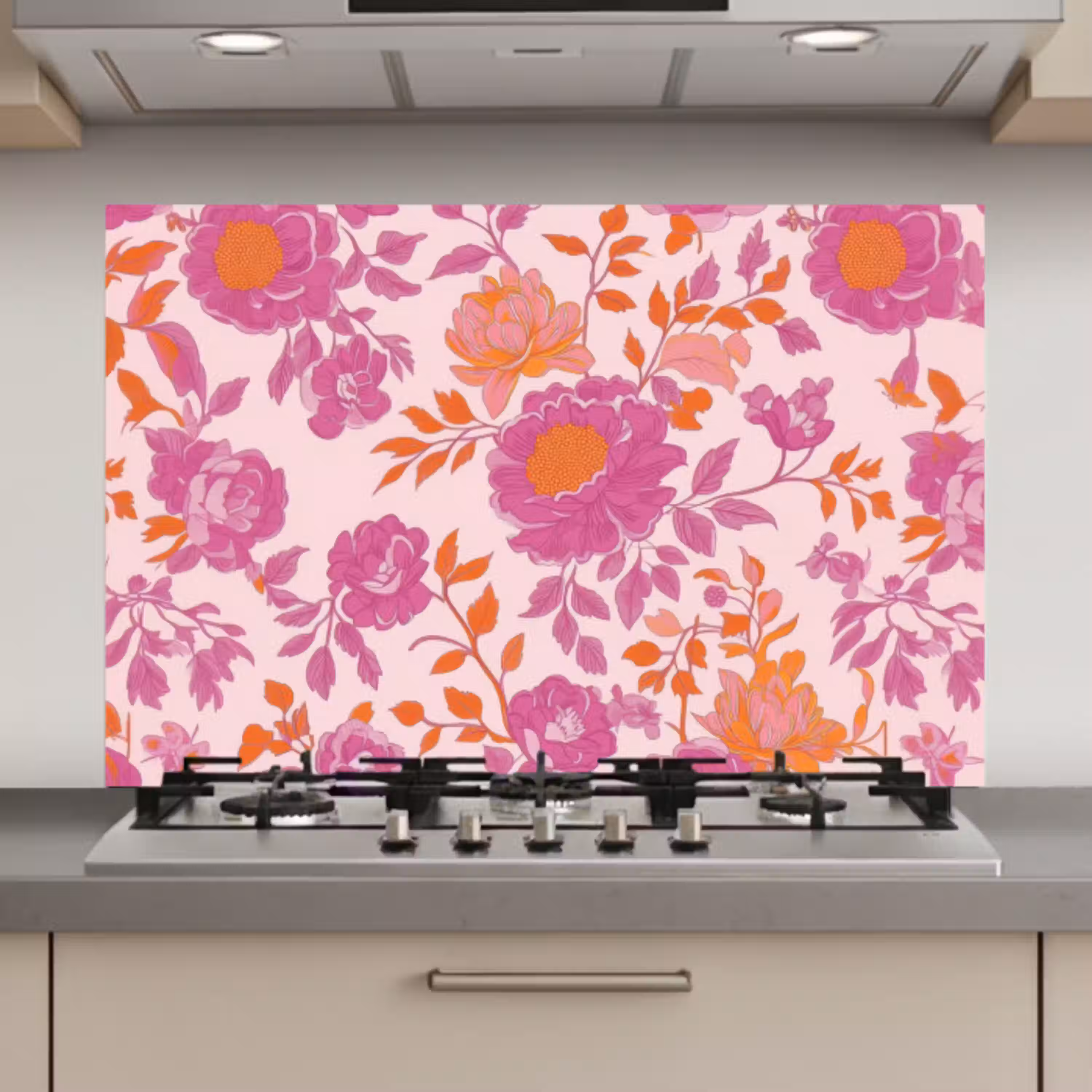 Bloemenpatroon - Roze - Oranje - Bloemen keuken achterwand spatscherm klein -3d_website
