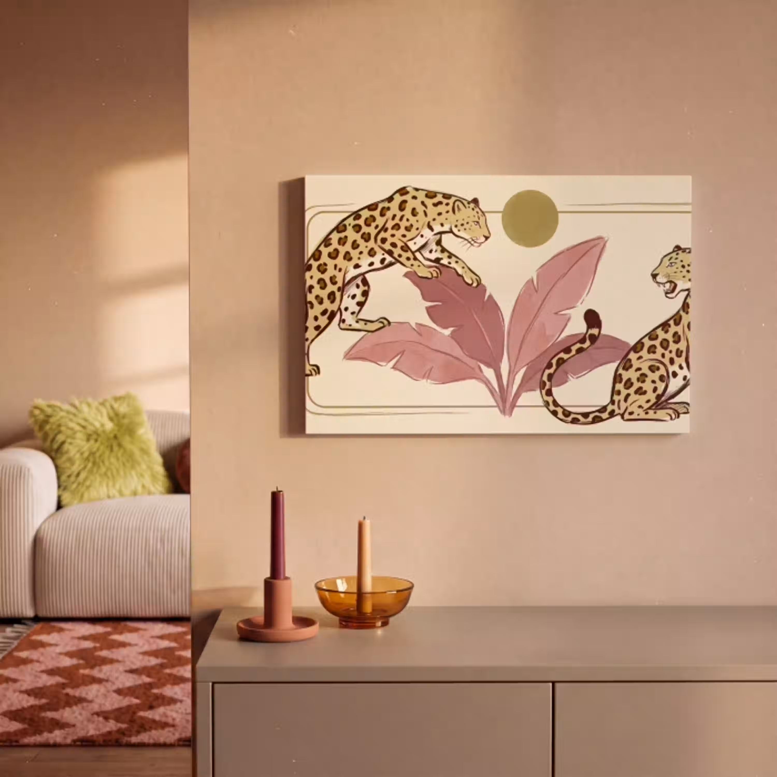 Dieren - Kat - Jungle - Illustratie - Beige canvas 2cm klein -sfeer1