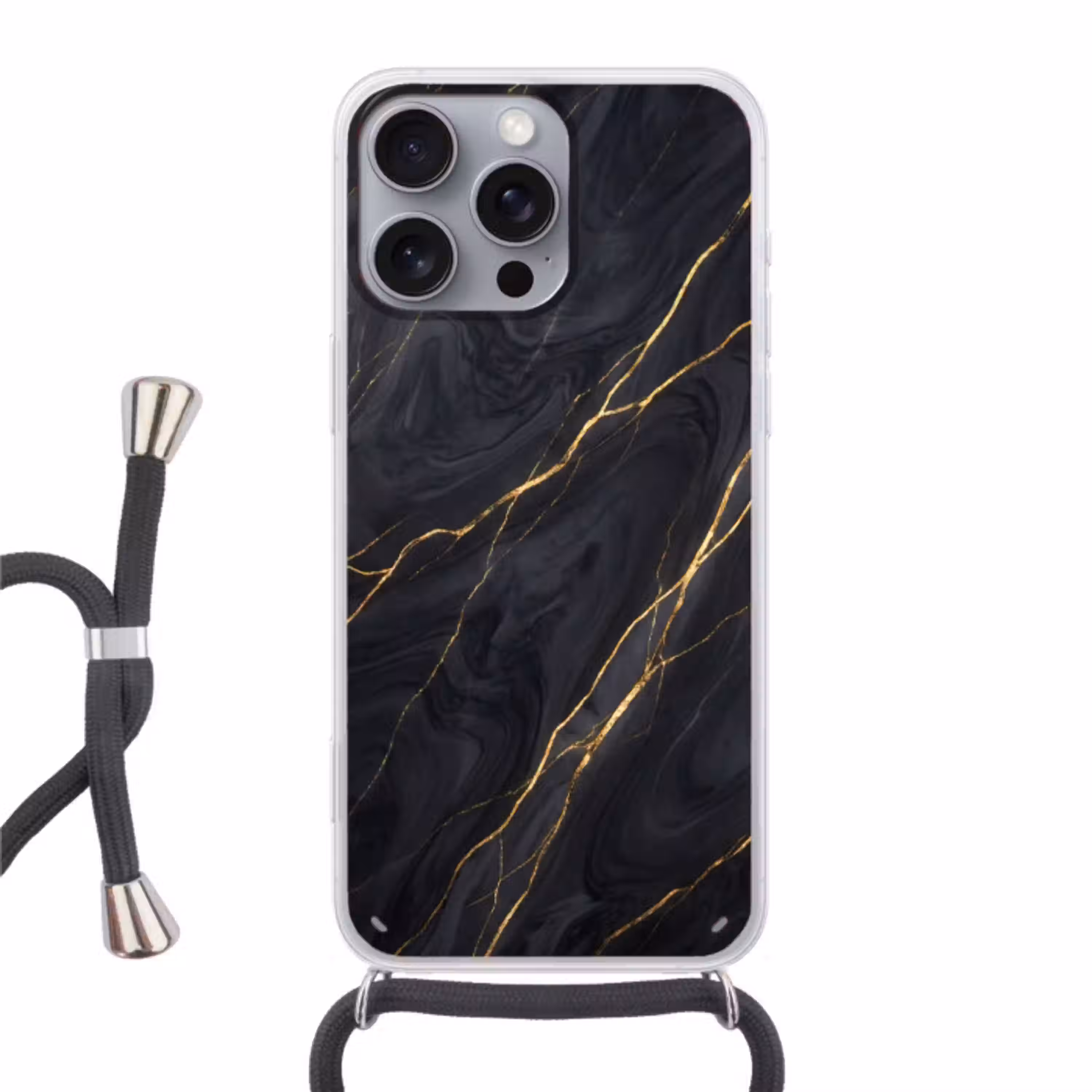 Marmer - Goudaders - Abstract - Modern - Zwart Hoesje iPhone 16 Pro Max met koord klein -3d