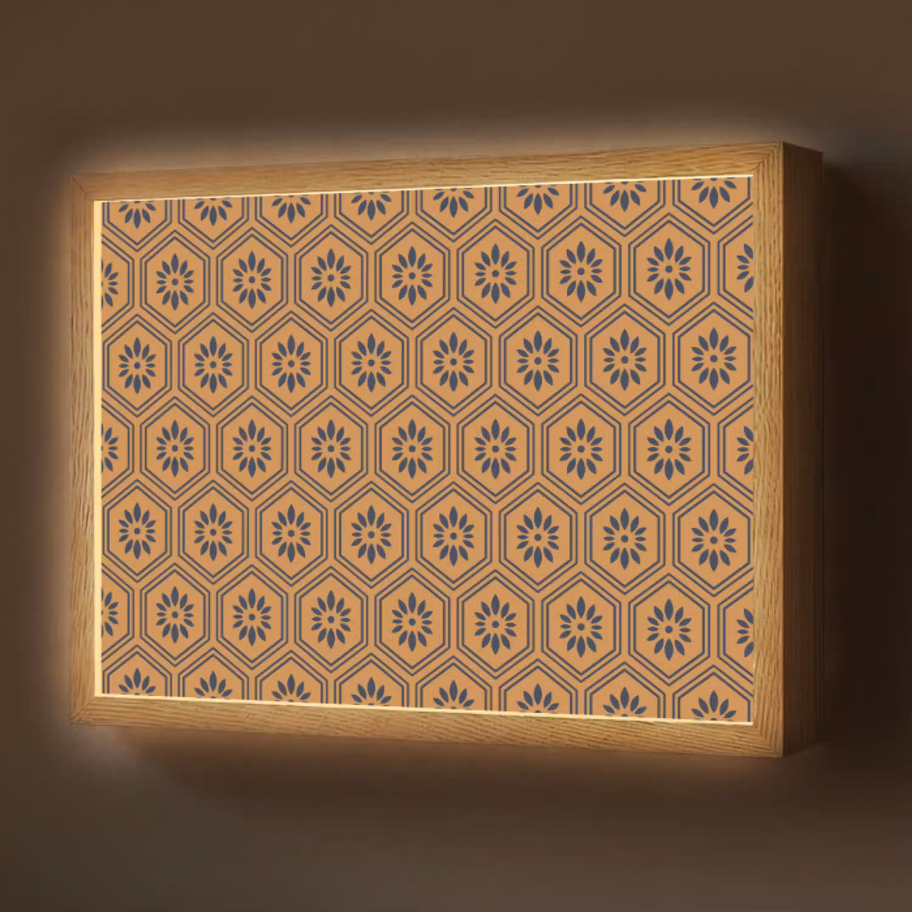 Okergeel - Patroon - Bloem - Donkerblauw Light Box met batterij (Wandlamp) middel 907 -z3d_website