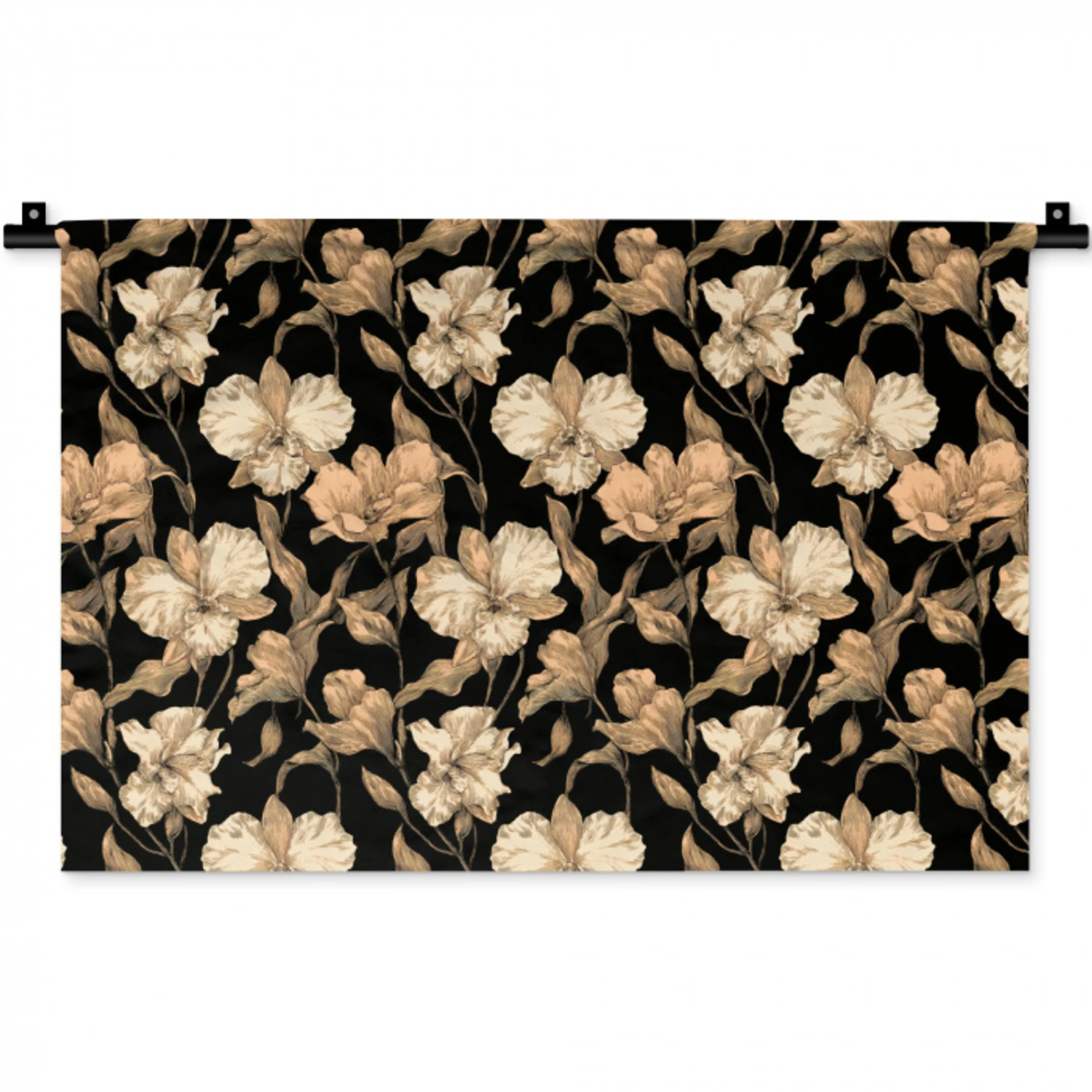 Orchideeën - Lijntekening - Patroon - Beige - Zwart Wandkleed katoen klein 269 -zz3d