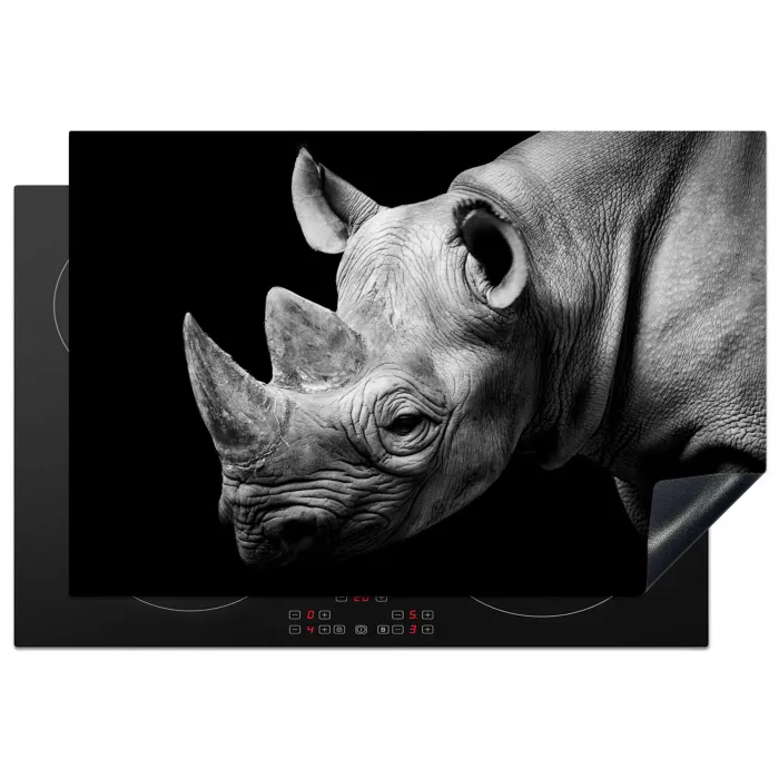 Dieren - Neushoorn - Zwart - Wit - Portret Inductie beschermer vinyl 3mm klein -3d