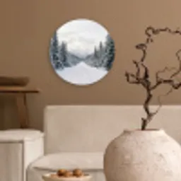 Weg - Sneeuw - Naaldbos - Winter - Avontuurlijk Wandcirkel kunststof plaat 5mm dik klein -sfeer1
