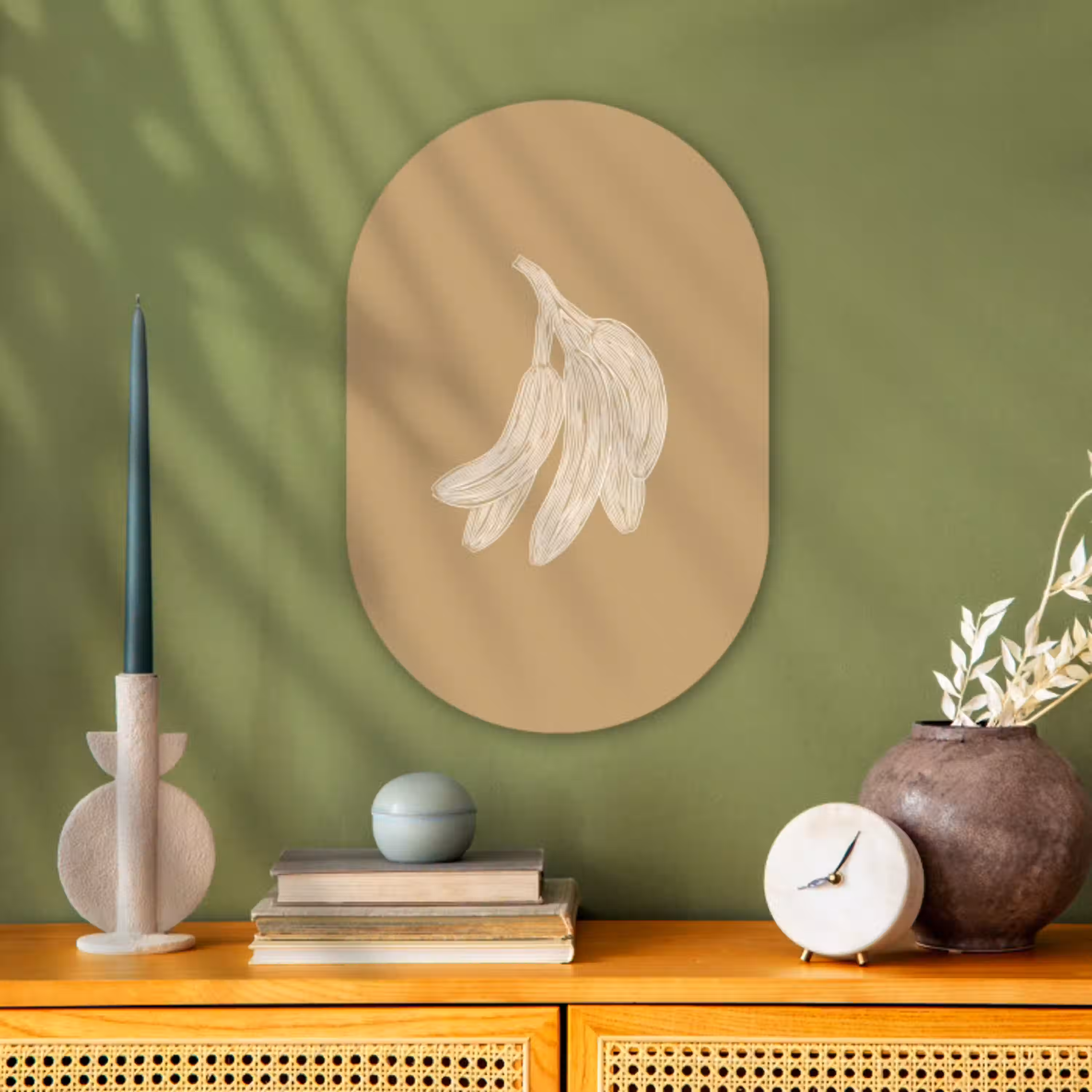 Bananen - Beige - Lijntekening - Minimalistisch Wandcirkel Ovaal Forex klein -sfeer2