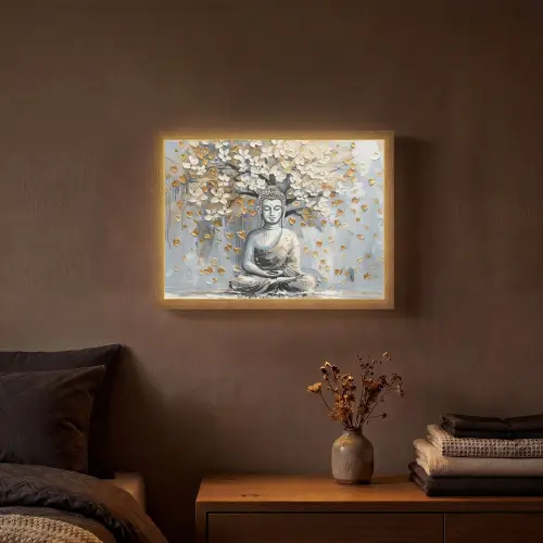 Boeddha - Bloemen - Boom - Goud - Modern Light Box met batterij (Wandlamp) middel -sfeer4