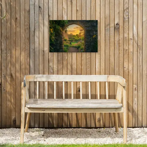 Poort - Planten - Zonsondergang Tuinposter op houten frame 2 cm dik klein -sfeer4