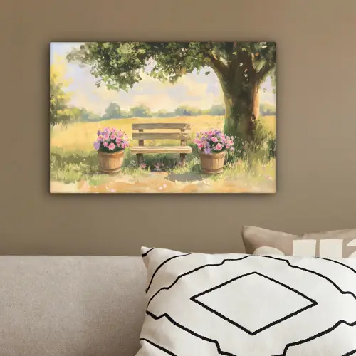 Houten bankje - Bloempotten - Landschap canvas 2cm klein -sfeer3