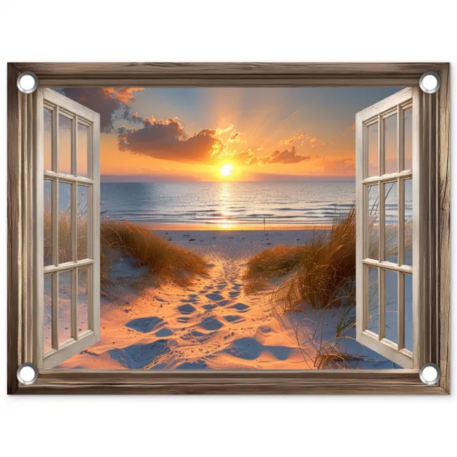 Doorkijk - Strand - Duinen - Zonsondergang tuinposter los doek klein -3d