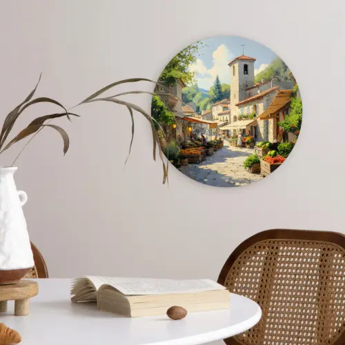 Dorp - Zon - Kraampjes - Huizen Wandcirkel kunststof plaat 5mm dik klein -sfeer4