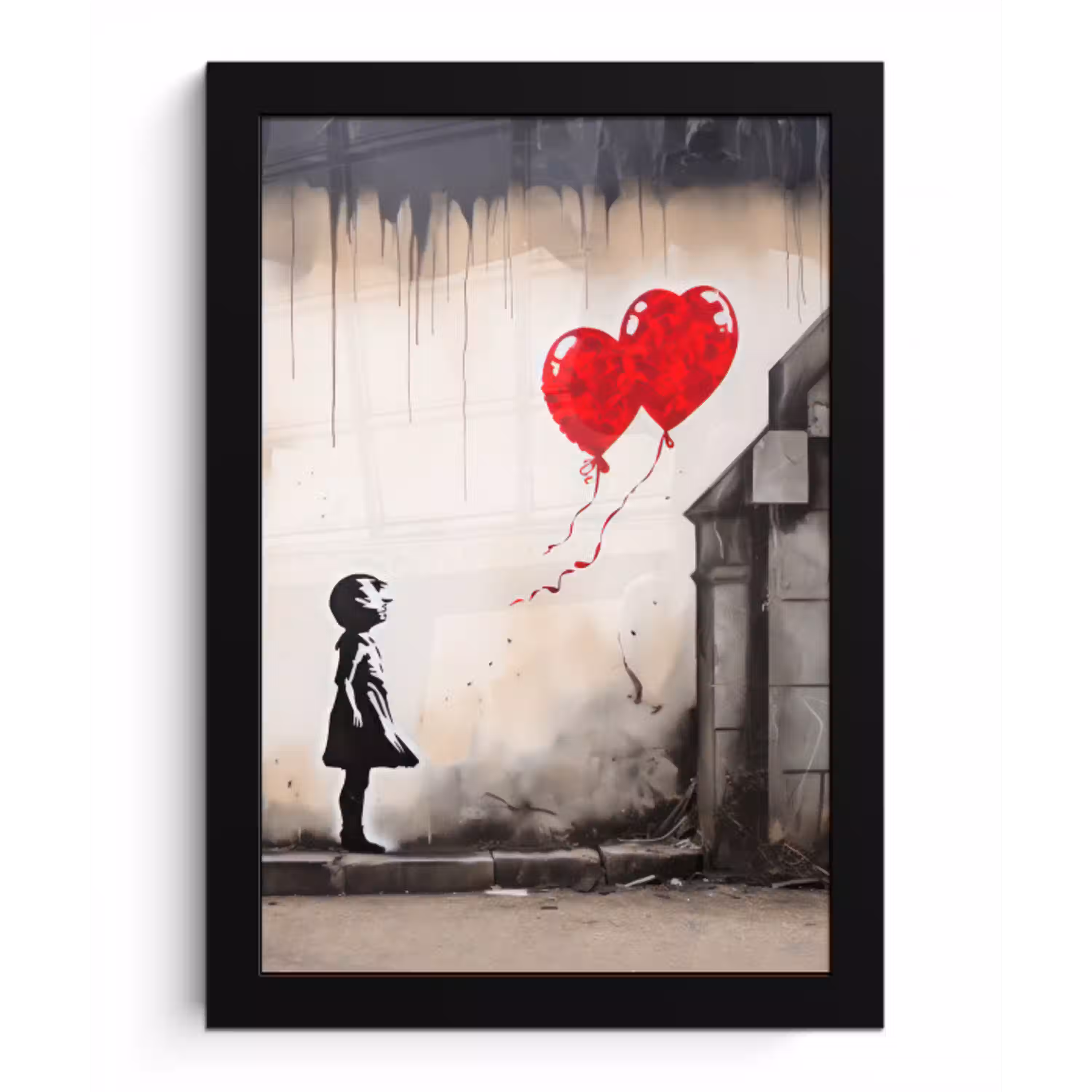 Kunst - Meisje - Ballonnen - Hart - Grijs fotolijst zwart zonder passe partout klein -3d
